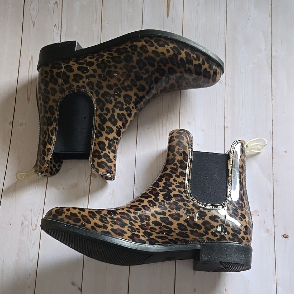 Joe Fresh Women's Leopard Print Heeled Rain Boots Waterproof